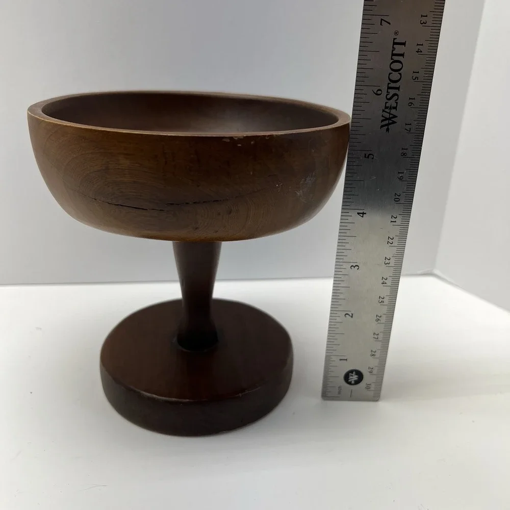 Vtg Handmade Turned Wood Pedestal Bowl Centerpiece Decor Felt Bottom 5.25x5
